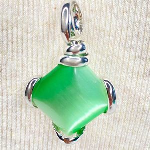 Moonstone Green Pendant Square Stone Wrapped In Silver Tone Metal
